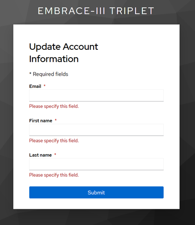 Update Account Information form with email, first name, and last name fields