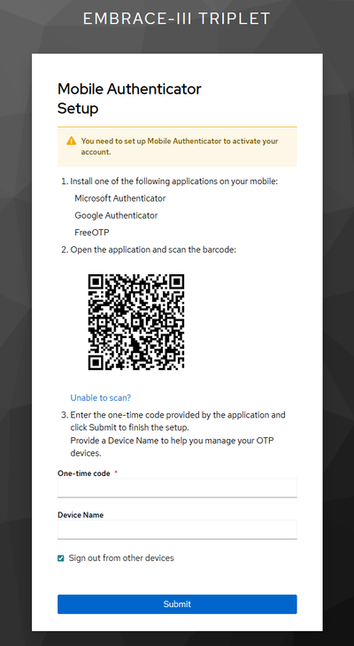 Mobile Authenticator Setup screen showing QR code, one-time code field, device name, and submit button